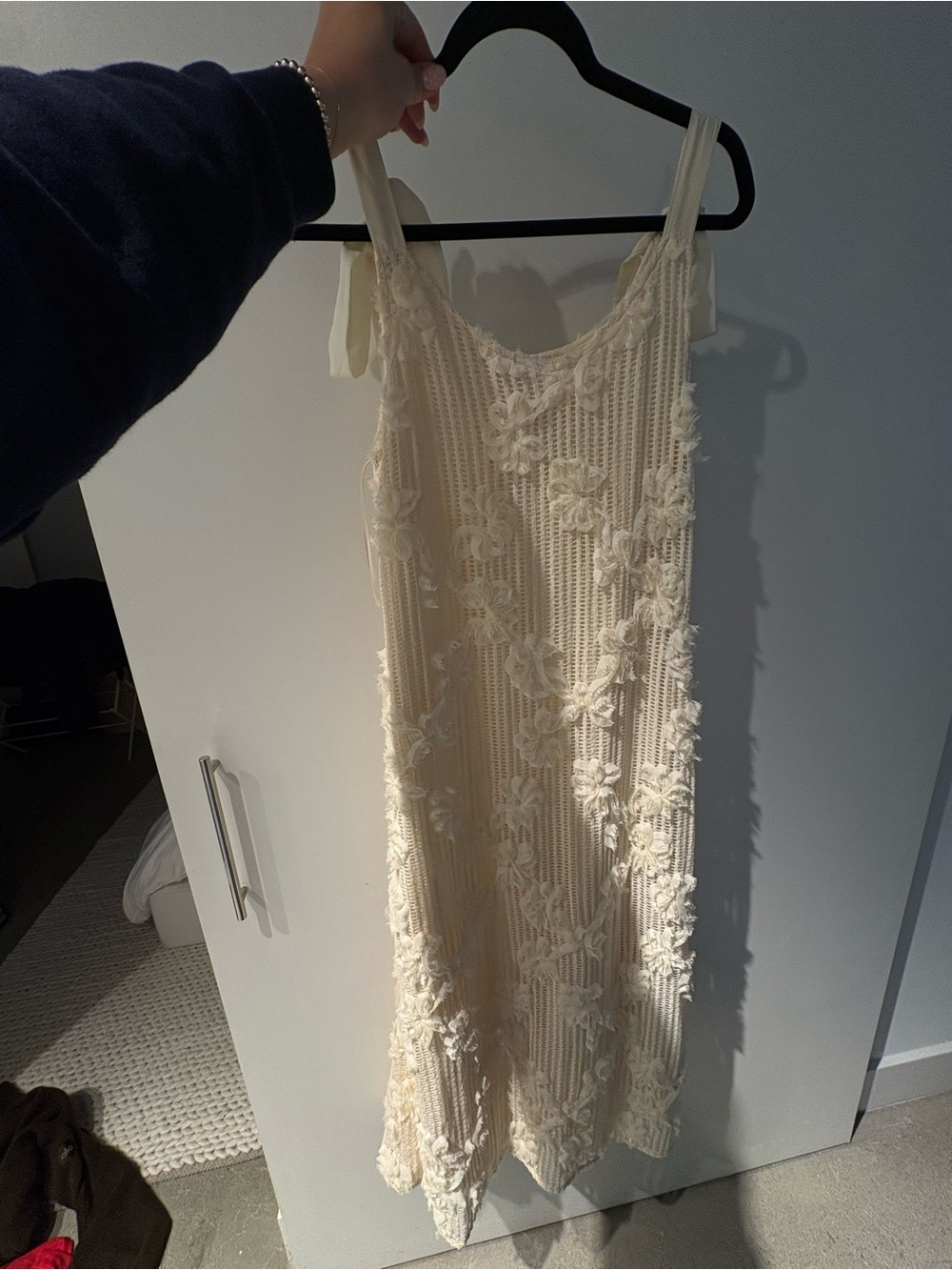 VIRAL En Saison Cream Crochet Floral Midi Dress with Tie Straps